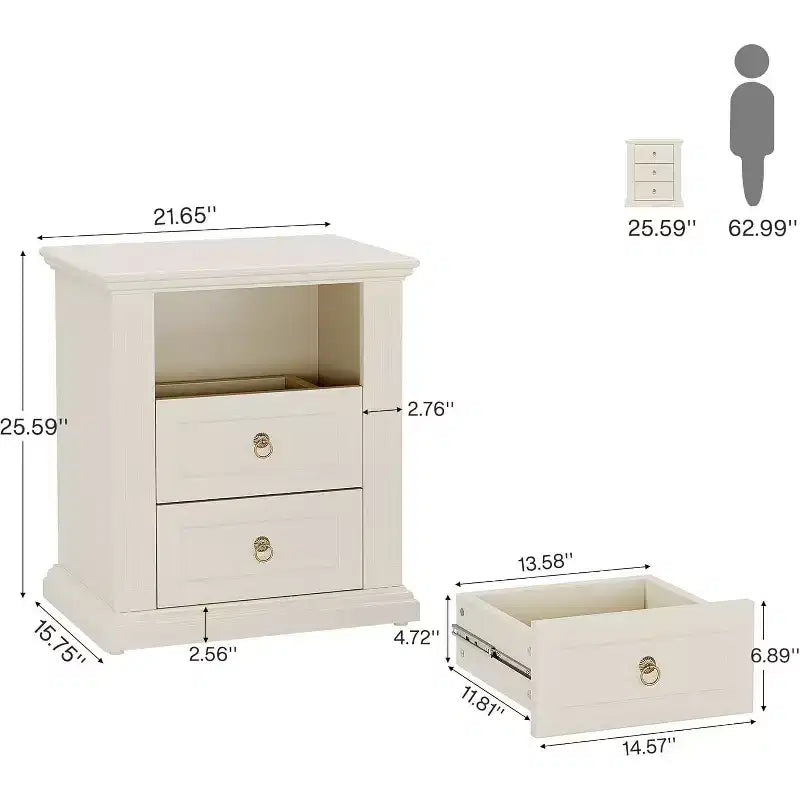 Comodino Moderno a 3 Cassetti, Tavolino d'Appoggio in Legno con Pomelli ad Anello e Modanature Decorative, Beige