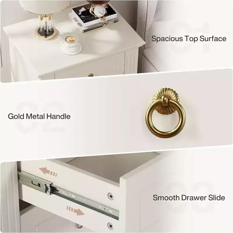 Comodino Moderno a 3 Cassetti, Tavolino d'Appoggio in Legno con Pomelli ad Anello e Modanature Decorative, Beige