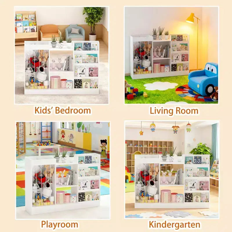 Libreria per bambini e contenitore per giocattoli con ripiani frontali per libri