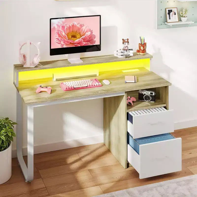 Scrivania da ufficio moderna bianca e rovere con mobiletto contenitore, scaffali, luce LED e stazione di ricarica, tavolo da gaming per computer 120/140 cm