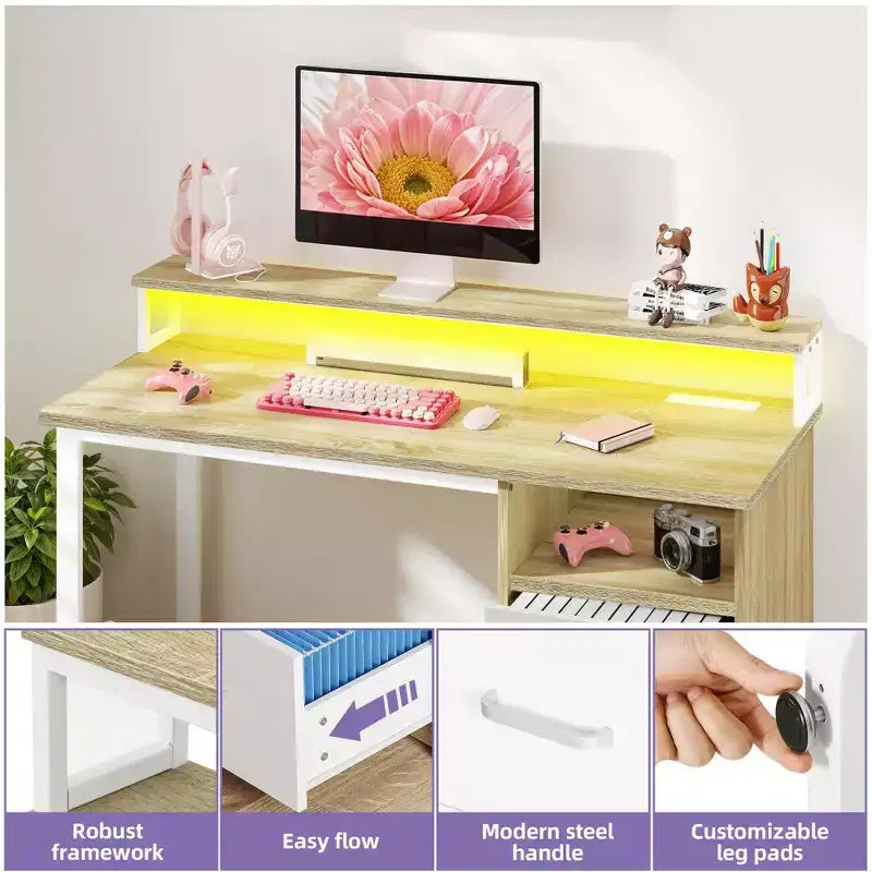 Scrivania da ufficio moderna bianca e rovere con mobiletto contenitore, scaffali, luce LED e stazione di ricarica, tavolo da gaming per computer 120/140 cm