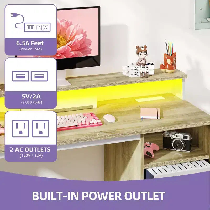 Scrivania da ufficio moderna bianca e rovere con mobiletto contenitore, scaffali, luce LED e stazione di ricarica, tavolo da gaming per computer 120/140 cm