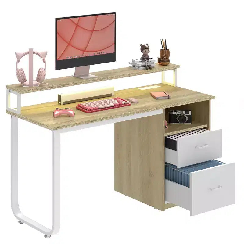 Scrivania da ufficio moderna bianca e rovere con mobiletto contenitore, scaffali, luce LED e stazione di ricarica, tavolo da gaming per computer 120/140 cm