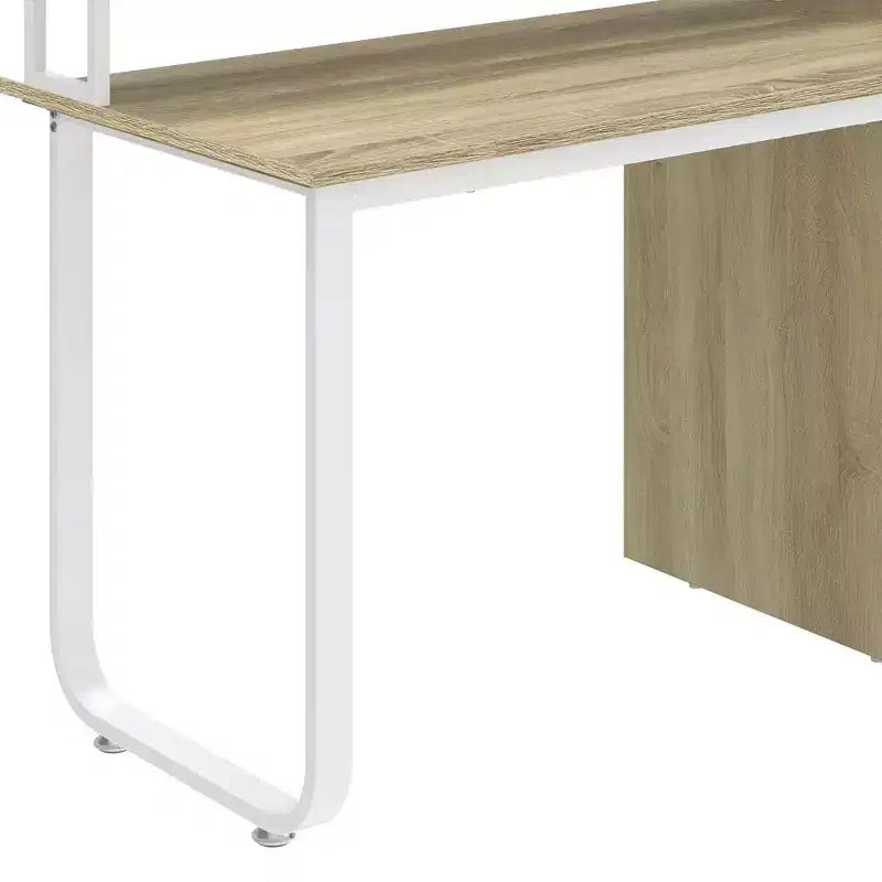 Scrivania da ufficio moderna bianca e rovere con mobiletto contenitore, scaffali, luce LED e stazione di ricarica, tavolo da gaming per computer 120/140 cm