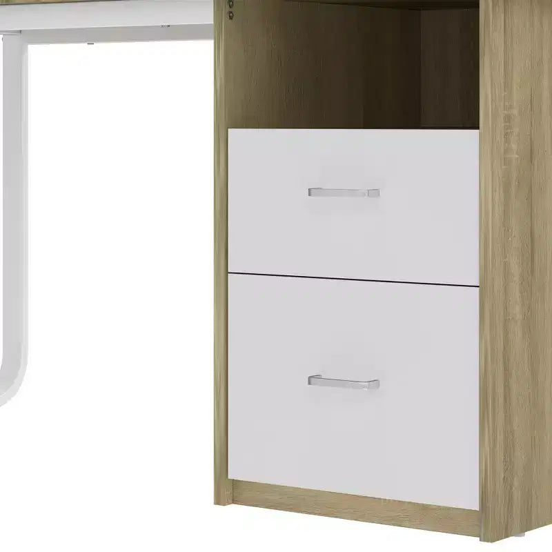 Scrivania da ufficio moderna bianca e rovere con mobiletto contenitore, scaffali, luce LED e stazione di ricarica, tavolo da gaming per computer 120/140 cm