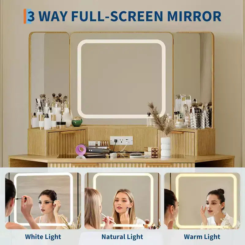 Scrivania ad angolo per trucco con specchio triplo HD e piano in vetro trasparente, design scanalato, moderno