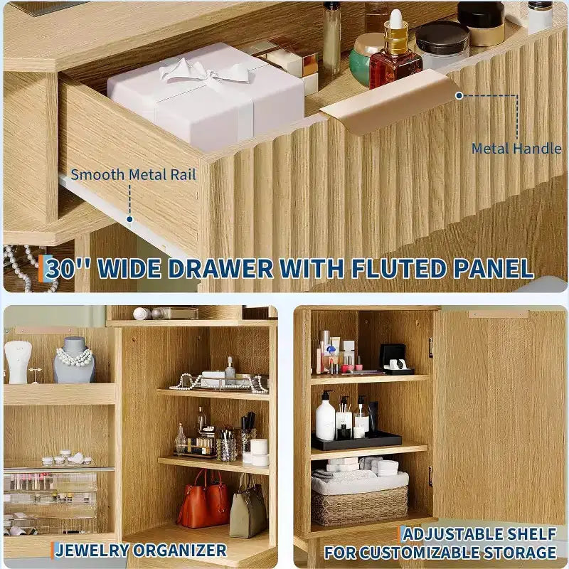 Scrivania ad angolo per trucco con specchio triplo HD e piano in vetro trasparente, design scanalato, moderno