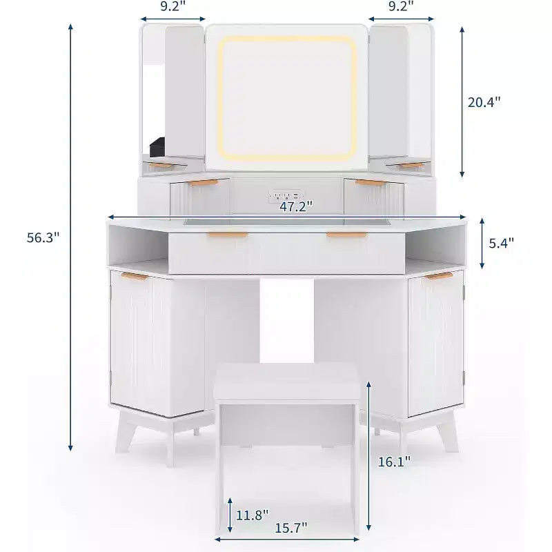 Scrivania ad angolo per trucco con specchio triplo HD e piano in vetro trasparente, design scanalato, moderno