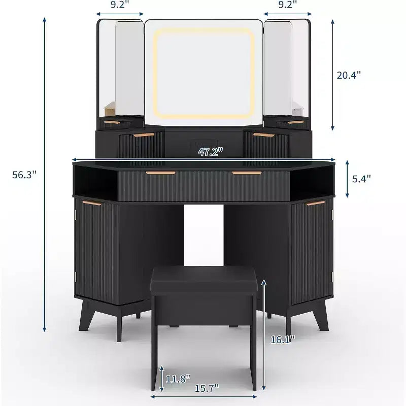 Scrivania ad angolo per trucco con specchio triplo HD e piano in vetro trasparente, design scanalato, moderno