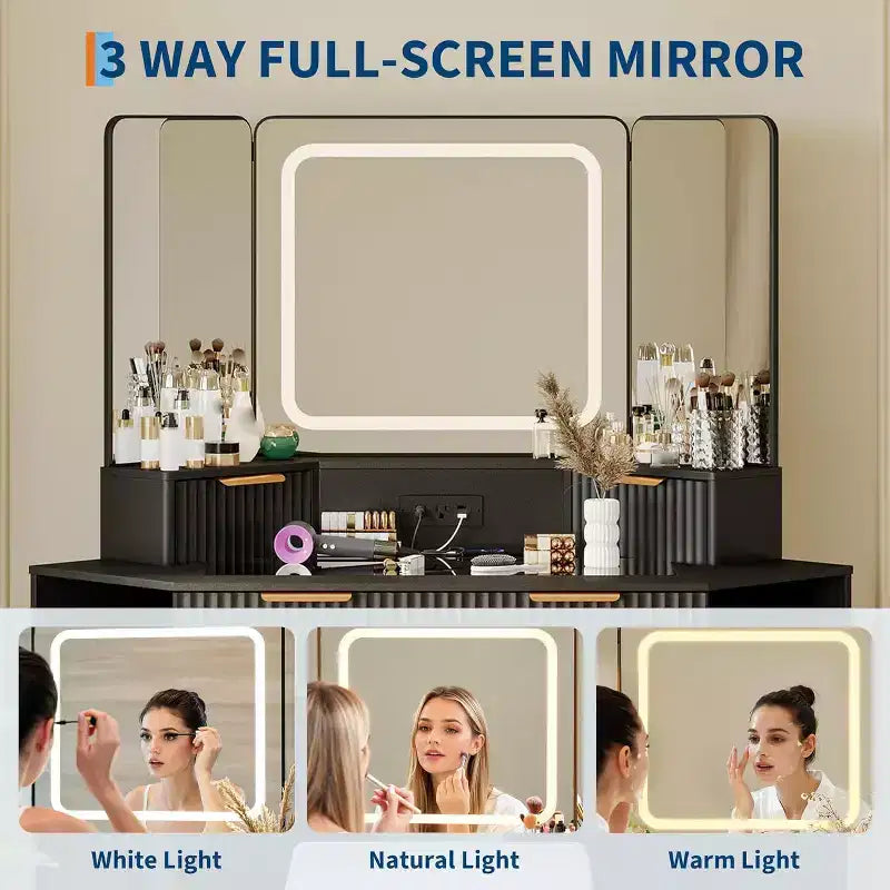 Scrivania ad angolo per trucco con specchio triplo HD e piano in vetro trasparente, design scanalato, moderno