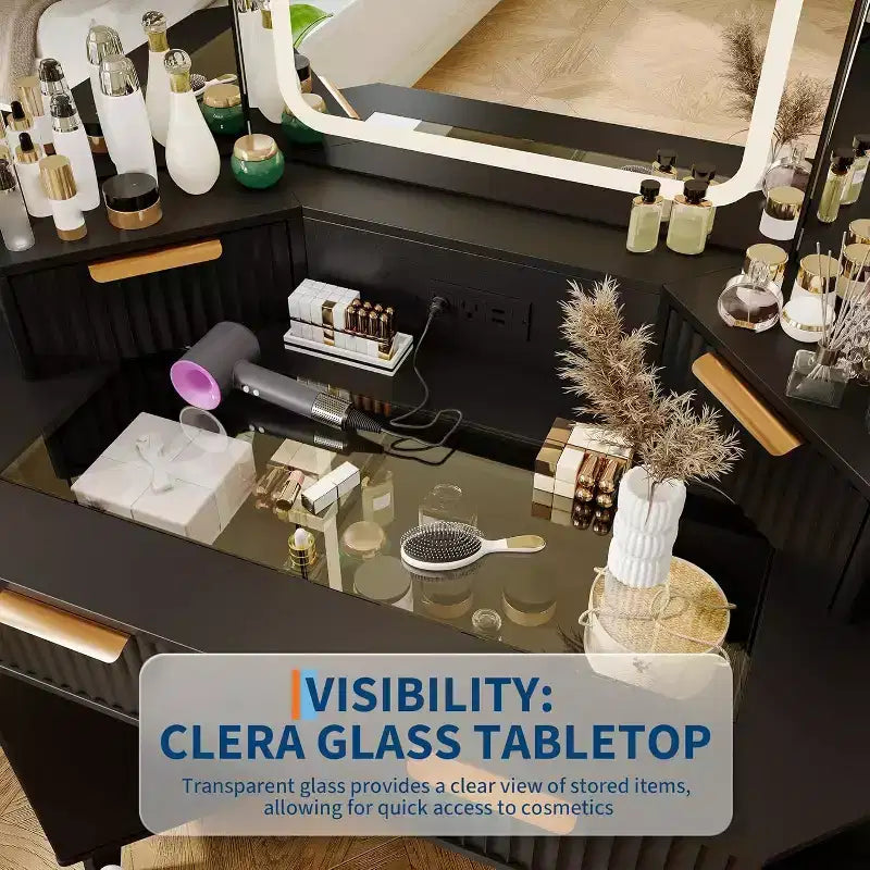 Scrivania ad angolo per trucco con specchio triplo HD e piano in vetro trasparente, design scanalato, moderno