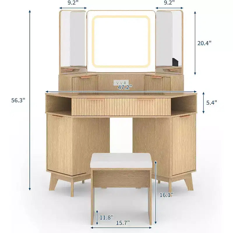 Scrivania ad angolo per trucco con specchio triplo HD e piano in vetro trasparente, design scanalato, moderno