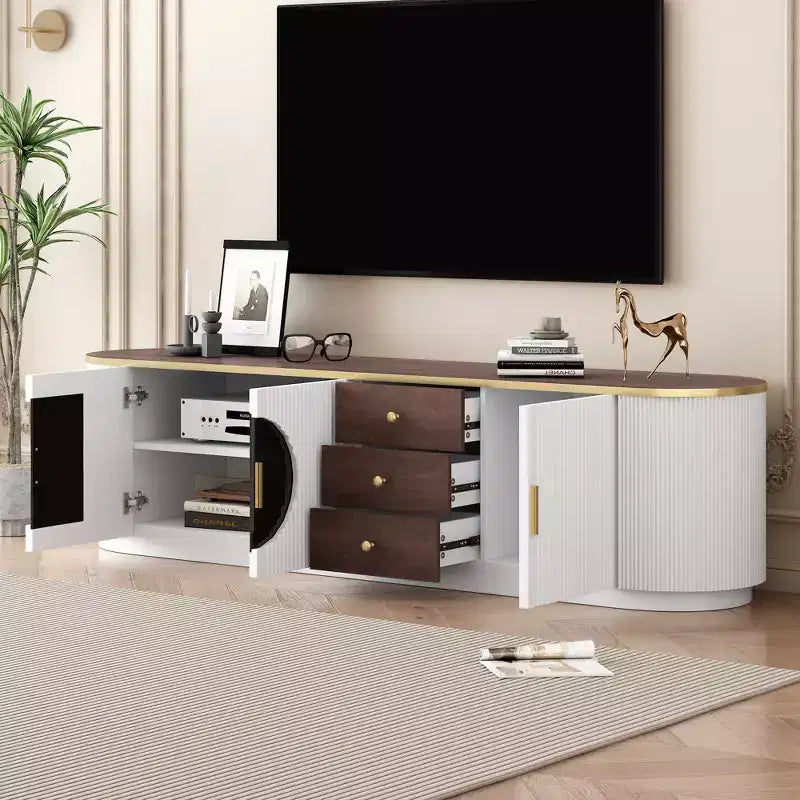 Mobile TV moderno minimalista da 70,8 pollici per TV fino a 80 pollici, 3 cassetti e 1 ripiano, maniglie in metallo, bianco