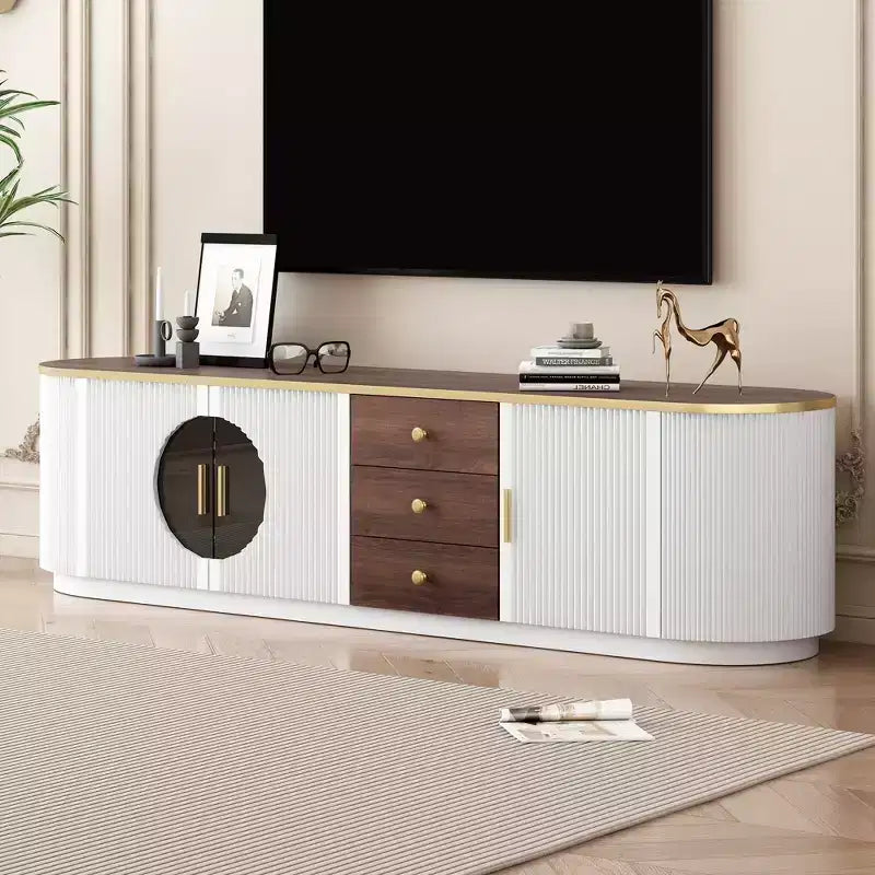 Mobile TV moderno minimalista da 70,8 pollici per TV fino a 80 pollici, 3 cassetti e 1 ripiano, maniglie in metallo, bianco