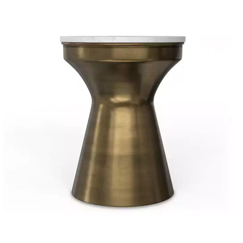 Tavolino in metallo da 14 pollici di larghezza, piano in marmo bianco con base in ottone anticato, completamente assemblato