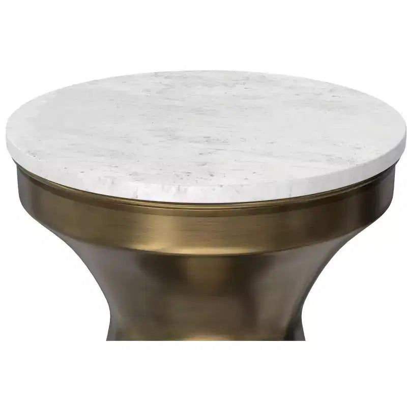 Tavolino in metallo da 14 pollici di larghezza, piano in marmo bianco con base in ottone anticato, completamente assemblato