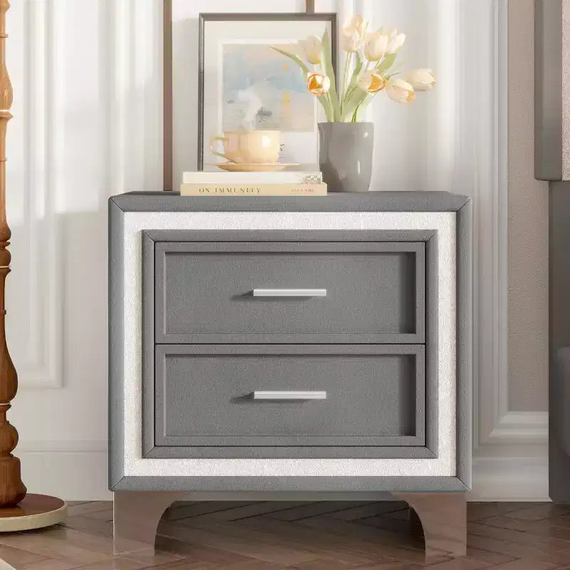 MAYEERTY Mid Vintage NIghtstand with Silver Glitter Strip Decor and Metal Legs 2 Drawers for Bedroom Gray