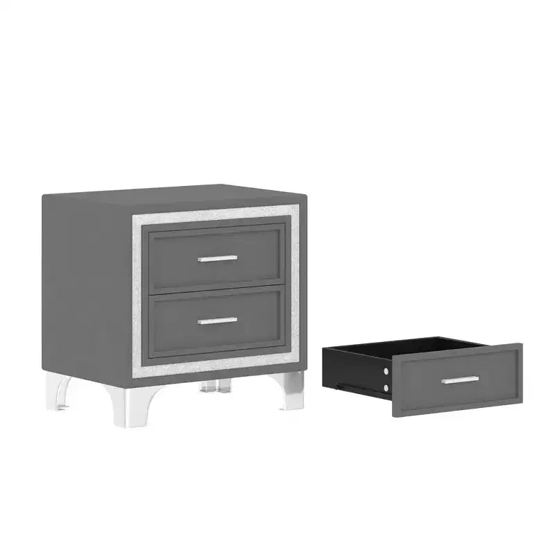 Comodino moderno di metà secolo con striscia decorativa glitterata argento, gambe in metallo e 2 cassetti, grigio
