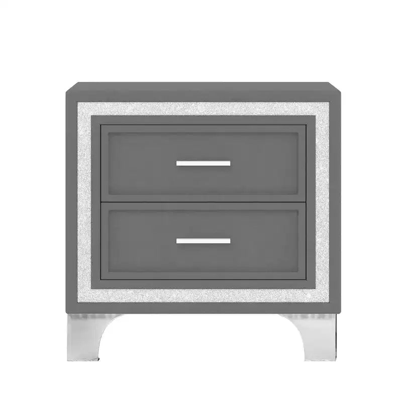 Comodino moderno di metà secolo con striscia decorativa glitterata argento, gambe in metallo e 2 cassetti, grigio