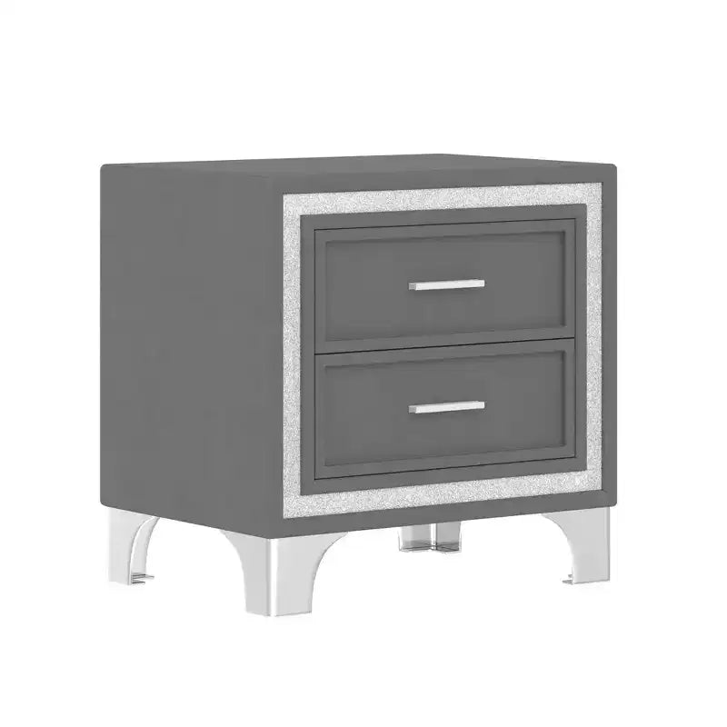 Comodino moderno di metà secolo con striscia decorativa glitterata argento, gambe in metallo e 2 cassetti, grigio