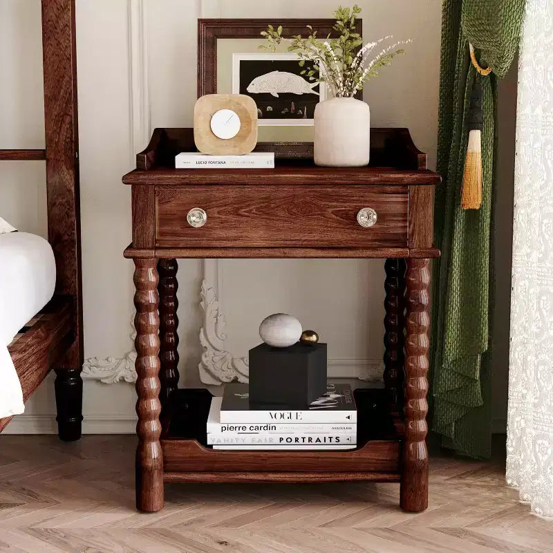 MAYEERTY Retro Style Nightstand with Drawer Open Shelf Turned Legs Metal Handle for Bedroom Walnut