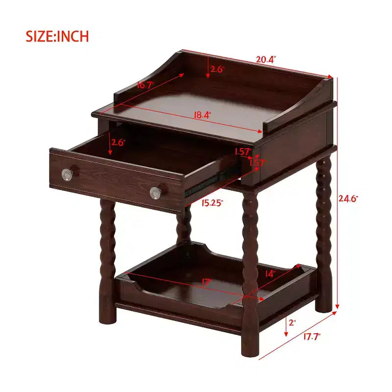 Comodino in stile retrò con cassetto, ripiano aperto, gambe tornite e maniglia in metallo, noce