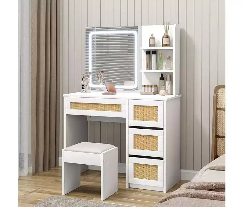 Toeletta con specchio, luce LED, 4 cassetti e ripiani aperti – Bianco