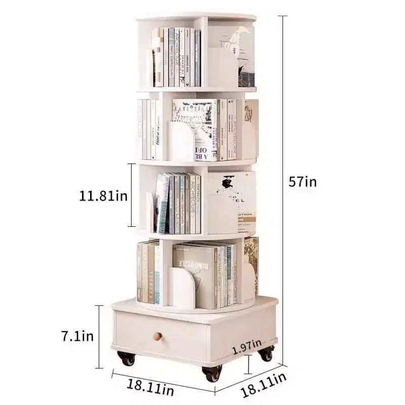 Libreria Girevole a 360 Gradi a 4 Ripiani con Ante, Scaffale Angolare Mobile con Ruote