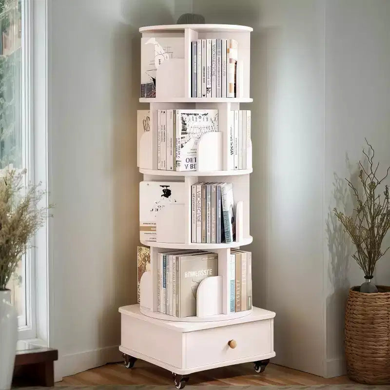 Libreria Girevole a 360 Gradi a 4 Ripiani con Ante, Scaffale Angolare Mobile con Ruote