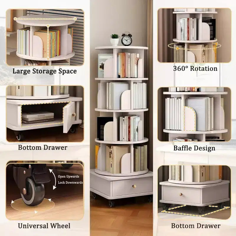 Libreria Girevole a 360 Gradi a 4 Ripiani con Ante, Scaffale Angolare Mobile con Ruote