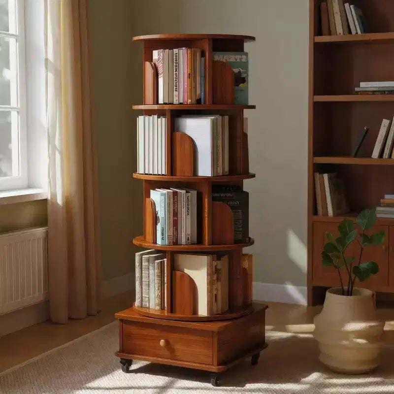 Libreria Girevole a 360 Gradi a 4 Ripiani con Ante, Scaffale Angolare Mobile con Ruote
