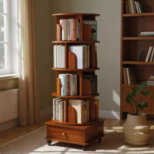 Libreria Girevole a 360 Gradi a 4 Ripiani con Ante, Scaffale Angolare Mobile con Ruote