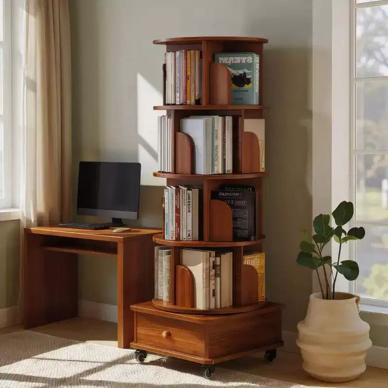 Libreria Girevole a 360 Gradi a 4 Ripiani con Ante, Scaffale Angolare Mobile con Ruote