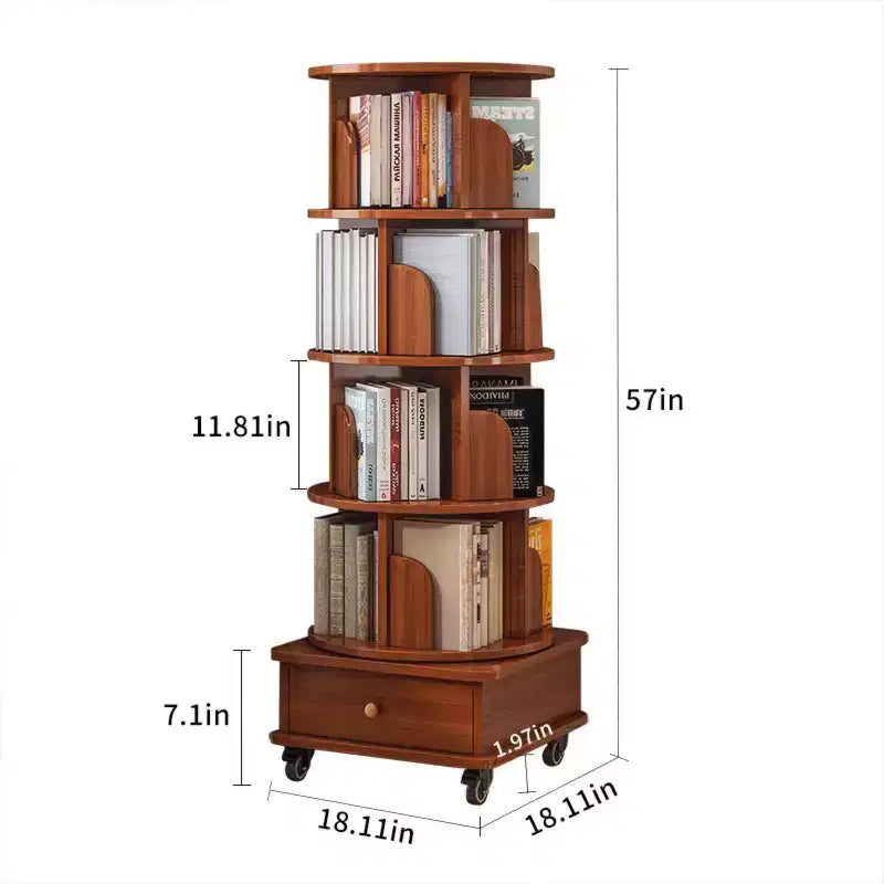 Libreria Girevole a 360 Gradi a 4 Ripiani con Ante, Scaffale Angolare Mobile con Ruote