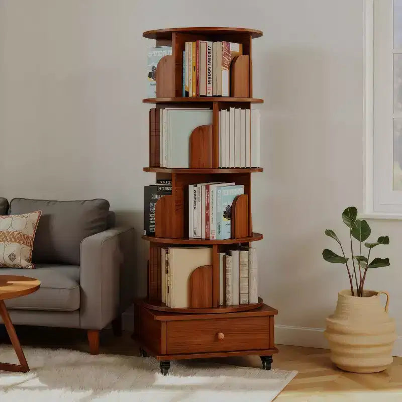 Libreria Girevole a 360 Gradi a 4 Ripiani con Ante, Scaffale Angolare Mobile con Ruote