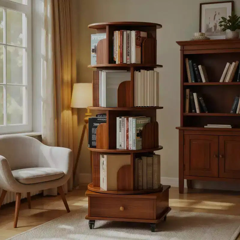 Libreria Girevole a 360 Gradi a 4 Ripiani con Ante, Scaffale Angolare Mobile con Ruote