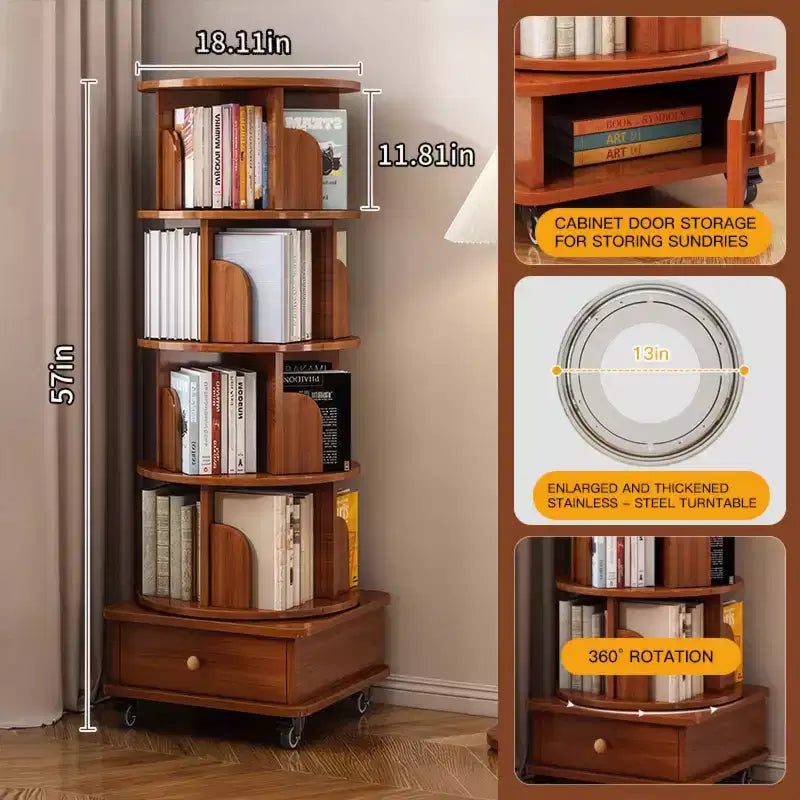 Libreria Girevole a 360 Gradi a 4 Ripiani con Ante, Scaffale Angolare Mobile con Ruote