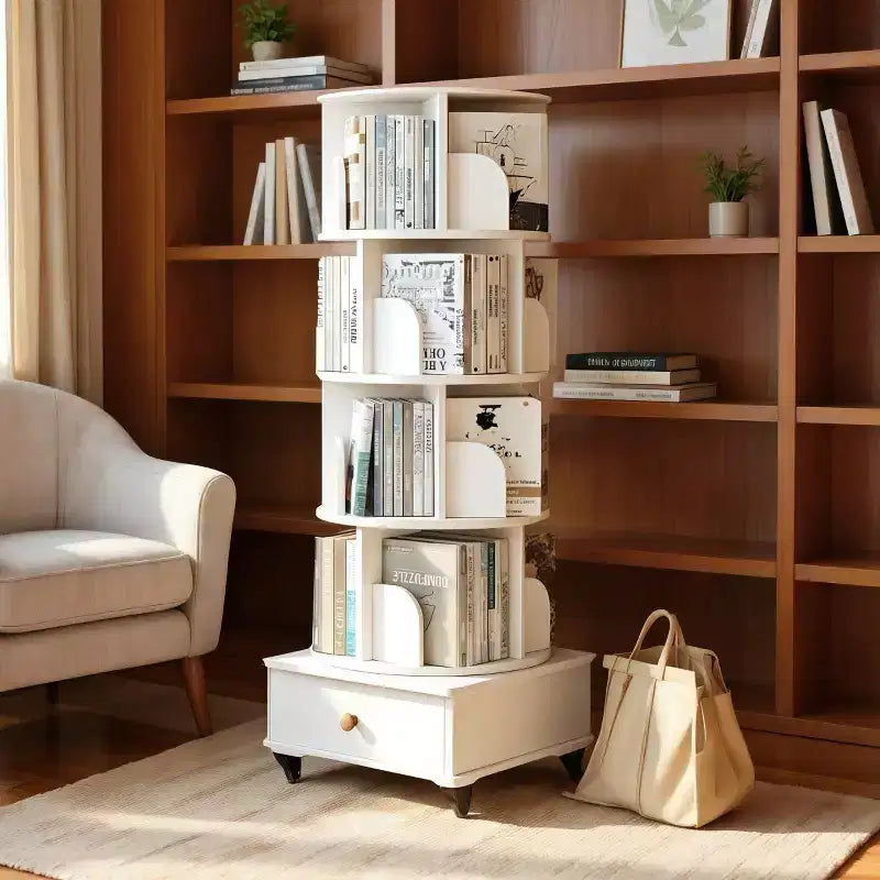 Libreria Girevole a 360 Gradi a 4 Ripiani con Ante, Scaffale Angolare Mobile con Ruote