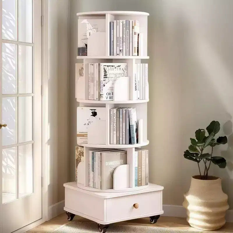 Libreria Girevole a 360 Gradi a 4 Ripiani con Ante, Scaffale Angolare Mobile con Ruote