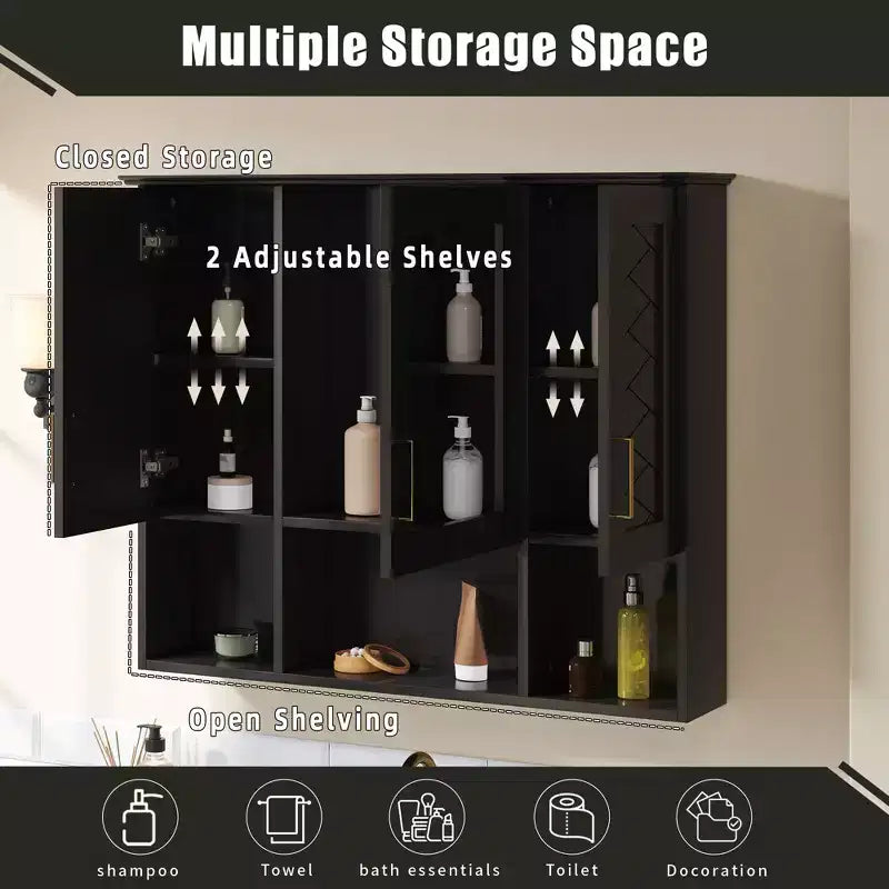 Armadietto dei Medicinali da Parete da 35 Pollici con Specchio ad Alta Definizione, 8 Ripiani e 3 Ante