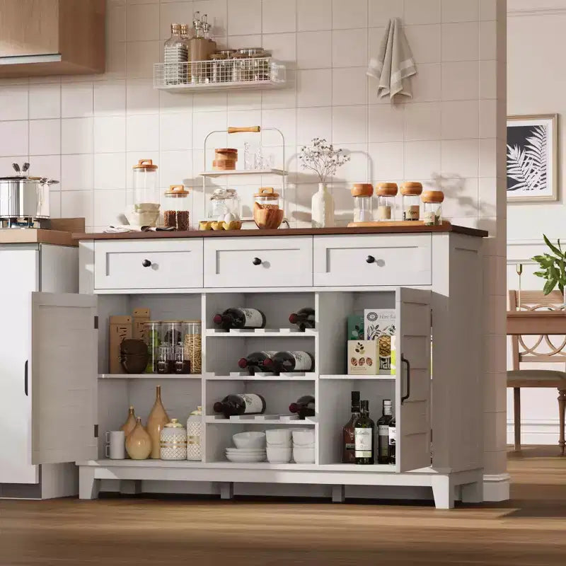 Mobile cantinetta da 53,5" con anta scorrevole, 3 cassetti, ripiano regolabile e portabottiglie rimovibile