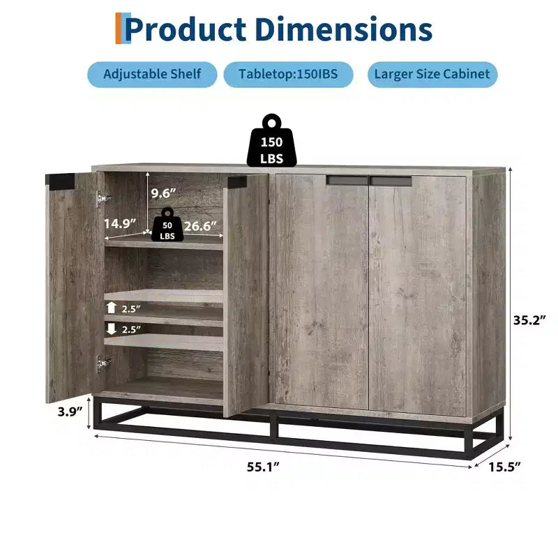 Credenza Buffet da 55 pollici con Ante e Ripiani Regolabili