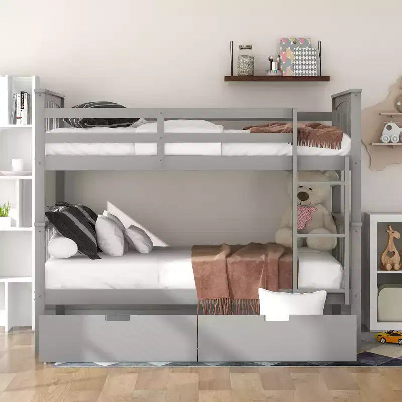 Letto a castello in legno completo su completo con 2 cassetti portaoggetti sotto il letto, grigio