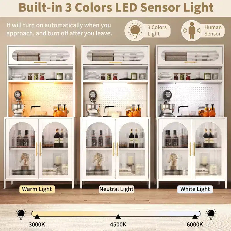 Dispensa da cucina in metallo a 5 ripiani, illuminata a LED, da 66 pollici, con ripiani regolabili e credenza