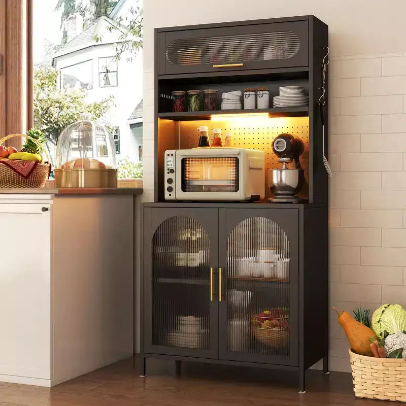 Dispensa da cucina in metallo a 5 ripiani, illuminata a LED, da 66 pollici, con ripiani regolabili e credenza