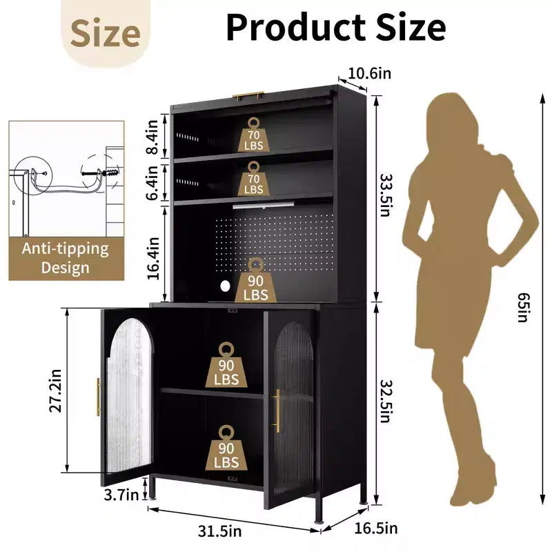 Dispensa da cucina in metallo a 5 ripiani, illuminata a LED, da 66 pollici, con ripiani regolabili e credenza