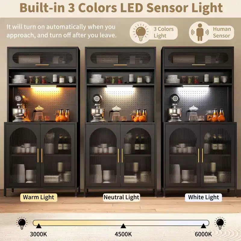 Dispensa da cucina in metallo a 5 ripiani, illuminata a LED, da 66 pollici, con ripiani regolabili e credenza