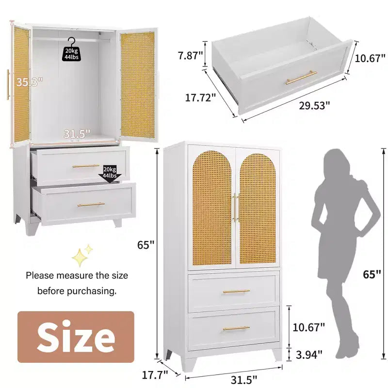 Armadio a 2 ante con 2 cassetti e bastone appendiabiti in rattan da 65 pollici, colore bianco