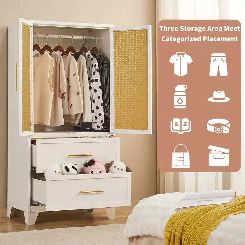 Armadio a 2 ante con 2 cassetti e bastone appendiabiti in rattan da 65 pollici, colore bianco