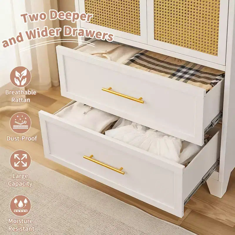 Armadio a 2 ante con 2 cassetti e bastone appendiabiti in rattan da 65 pollici, colore bianco